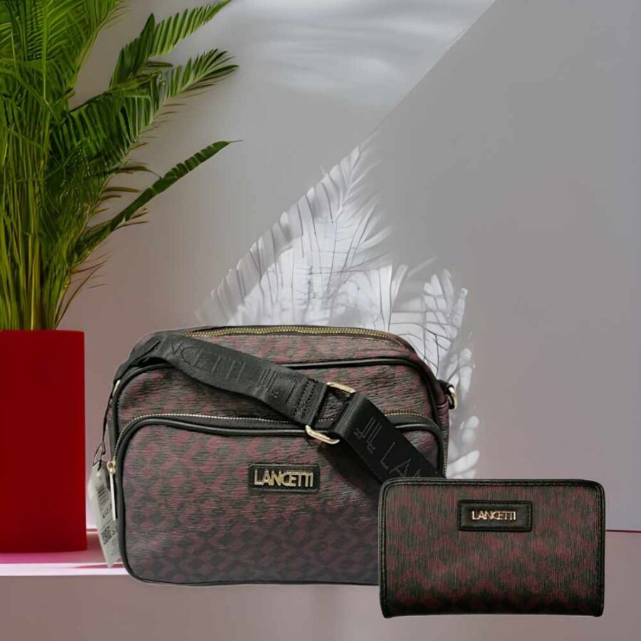 Set Borsa a Tracolla Lancetti Nero Burgundy con Portafoglio Donna.