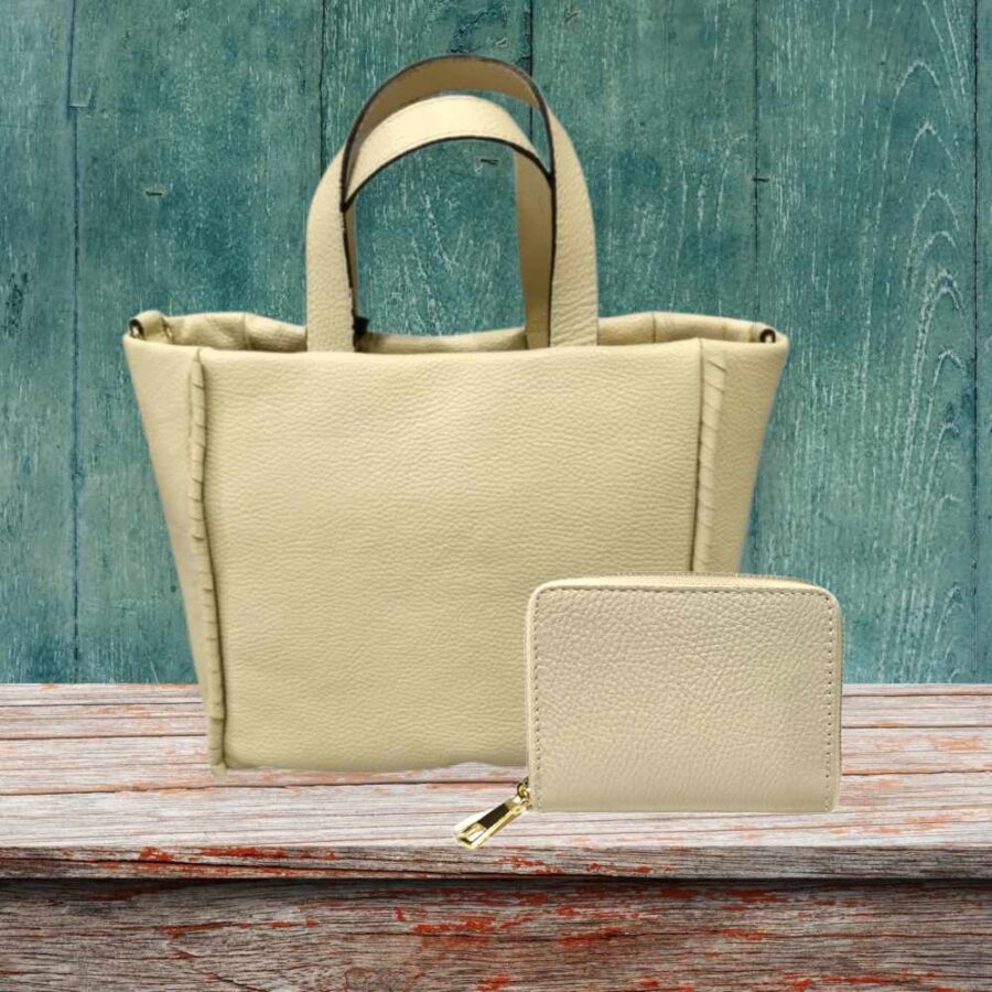 Set Borsa Pelle Made in Italy Panna con Portafoglio Donna.